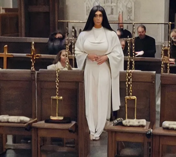 Prompt: a movie still of kim kardashian handcuffed with a chain around her neck, bonded to a steel chair on the alter of a church. priest yelling shame at her