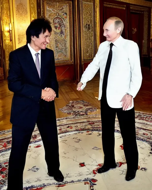 Image similar to sixty years old viktor tsoi with joyful look in a business suit shaking hands with vladimir putin in kremlin, moscow, color photo, mid shot photo, official meeting, digital photo, 4 k