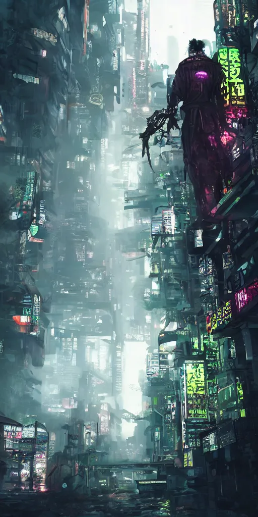 Prompt: samurai standing in a cyberpunk city, highly detailed green leaves, nature taking back, decayed, cyberpunk, dark fantasy, photorealism, unreal engine, purple hue, sci-fi, by H.R. Giger