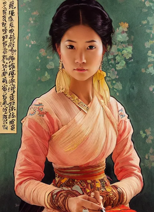 Prompt: a painting of a beautiful 35 year old Asian woman with tanned skin and traditional dress with very long sleeves. She is holding a pen and looking at the viewer and her expression is stern and piecing. by Artgerm and Greg Rutkowski and Alphonse Mucha, dramatic studio lighting