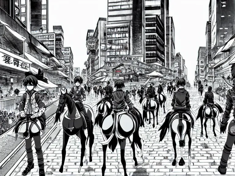 Prompt: Riding horses on the streets in a busy modern city center, in the style of Manga, Eichiro Oda, hyper detailed