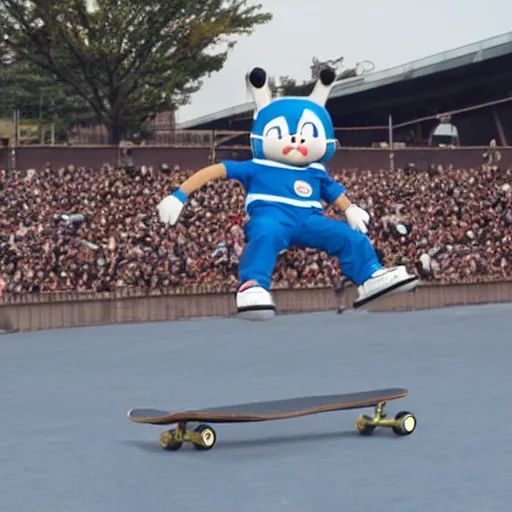 Image similar to doraemon performing skateboard tricks, wearing baggy clothing