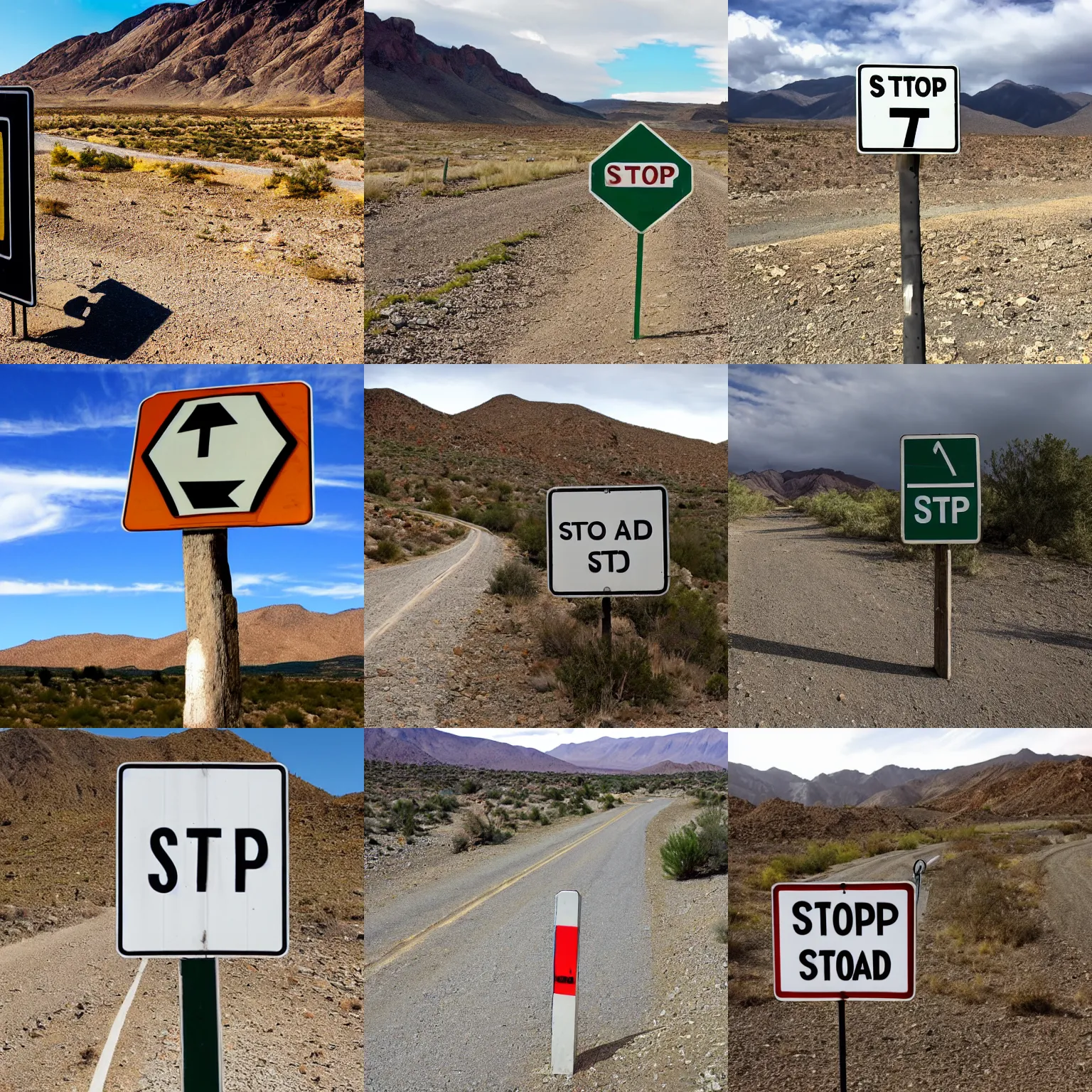 Prompt: a stop roadsign in a mountain desert valley, liminal