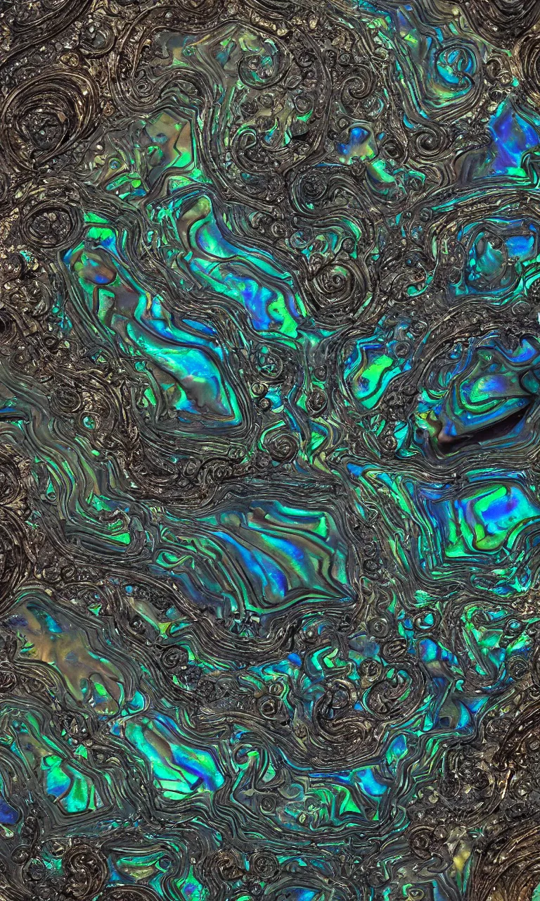 Image similar to Art Nouveau cresting oil slick waves, hyperdetailed bubbles in a shiny iridescent oil slick wave, black opal, abalone, paua shell, ornate copper patina medieval ornament, rococo, oganic rippling spirals, octane render, 8k 3D