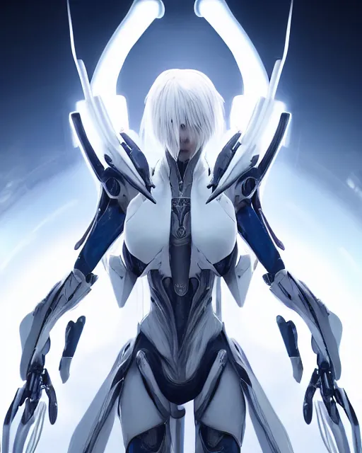 Prompt: perfect white haired alien being, warframe armor, beautiful, dreamy, half asian, pretty face, blue eyes, detailed, windy weather, scifi platform, laboratory, experiment, 4 k, ultra realistic, epic lighting, android body, illuminated, cinematic, high detail, masterpiece, art by akihito tsukushi, akihiko yoshida, voidstar