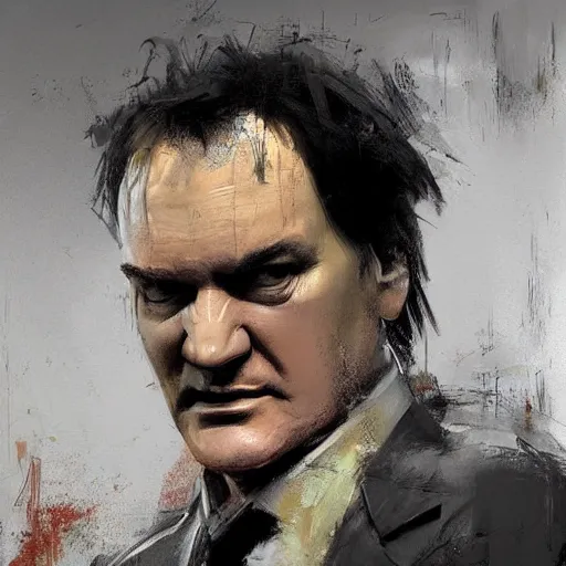 Image similar to A realistic hyperdetailed wide-shot digital oil portrait painting of an quentin tarantino in the style of Guy Denning, Ruan Jia, and Craig Mullins. Trending on ArtStation, DeviantArt, and Instagram. CGSociety Digital art. quentin tarantino.