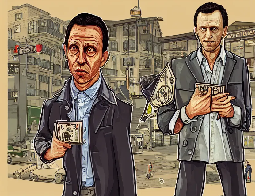 Prompt: illustration of mencius moldbug and peter thiel in dimes square in the style of gta v artwork, stephen bliss, highly detailed