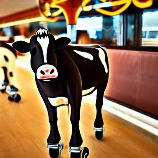 Prompt: simple cow on roller skates in diner