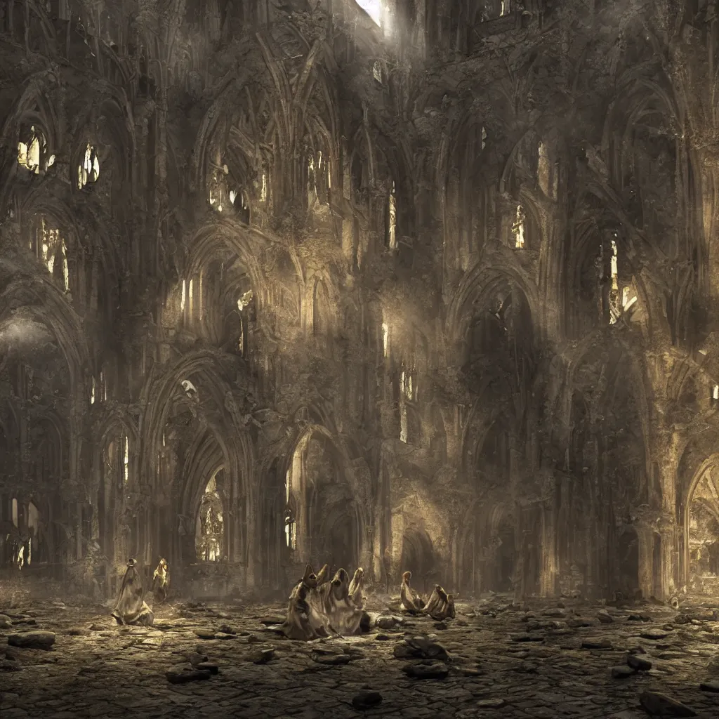 Prompt: Photorealistic strange dark monks perform a ritual in a ruined cathedral. Ominous storm clouds, strange levitating stones, stones falling from the sky, a gentle rising mist. occult photorealism, UHD, amazing depth, glowing, golden ratio, 3D octane cycle unreal engine 5, volumetric lighting, cinematic lighting, cgstation artstation concept art