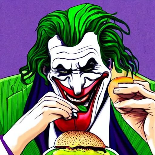 Prompt: the Joker eating burger while extremely sad and crying tears, side angle, hyper realistic, extremely detailed, photo realistic