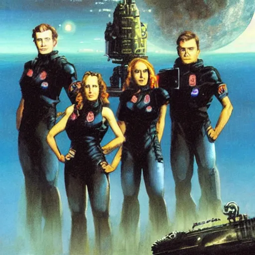 Prompt: gillian anderson, peter elson, chris foss, john berkey, tony roberts, jim burns, don davis