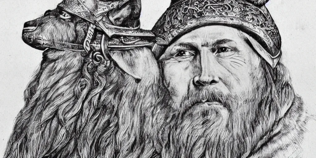 Image similar to realistic portrait of viking king with a wolf head as hat, 1450, ink, 8k, ultra realistic