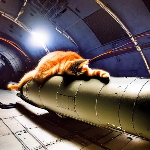 Prompt: cat sat on nuclear missile warhead, sleeping, award-winning photography 4k