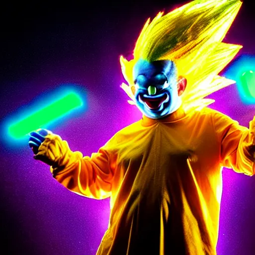 Image similar to uhd candid photo of cosmic krusty the clown as a super saiyan powering up, glowing, global illumination, studio lighting, radiant light, hyperdetailed, correct face, elaborate intricate costume. photo by annie leibowitz