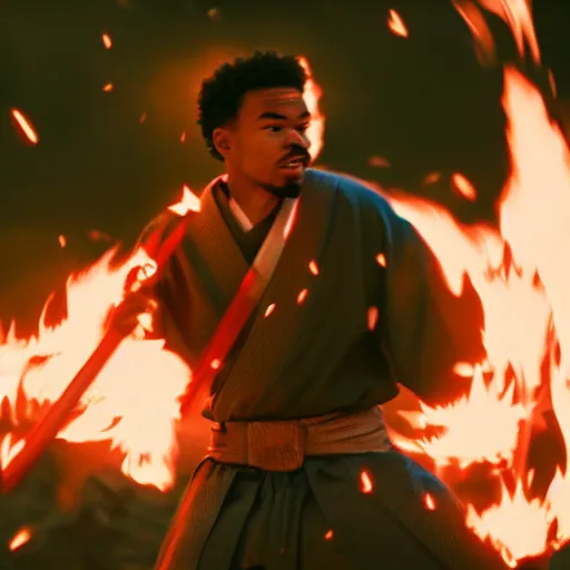 Image similar to cinematic film still of Chance The Rapper starring as a Samurai holding fire, Japanese CGI, VFX, 2022, 40mm lens, shallow depth of field, film photography