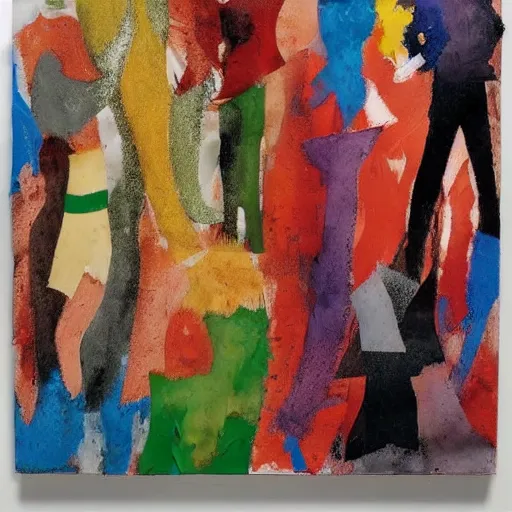 Prompt: A beautiful kinetic sculpture of a group of people standing in a line. They are all facing the same direction and appear to be waiting for something. by Helen Frankenthaler, by Jean-Paul Riopelle brightvibrant, joyful