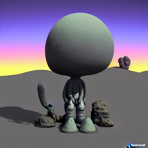 Image similar to a sad Roswell grey alien trying to repair his crashed burning spacecraft in the desert, crashed UFO, crashed Flying Saucer, cactus and rocks in the background, dusk, featured on zbrush central, hurufiyya, zbrush, polycount, airbrush art