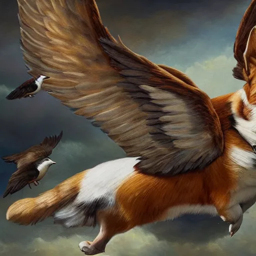 Prompt: an corgi with wings flying with birds, oil on canvas, portrait, intricate, 8k highly professionally detailed, HDR, CGsociety