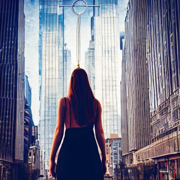 Image similar to portrait of 2 5 - year - old woman godess with angle 9 0 ° centred looking away fresh air, strong spirit, 8 k, cinematic scene, background city blured futuristic