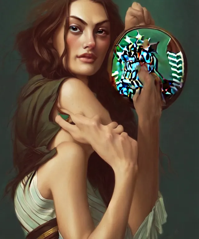 Image similar to Phoebe Tonkin as a very happy starbucks barista, portrait, intricate, elegant, highly detailed, digital painting, artstation, concept art, smooth, sharp focus, illustration, art by artgerm and greg rutkowski and alphonse mucha