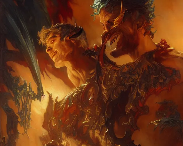 Image similar to attractive lucifer morning star summons death of the endless. highly detailed painting by gaston bussiere, craig mullins, j. c. leyendecker 8 k