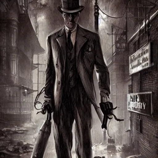 Image similar to a detective in arkham city in the 1 9 2 0's, lovecraftian, noir, concept art, extremely detailed, eerie, art lighting