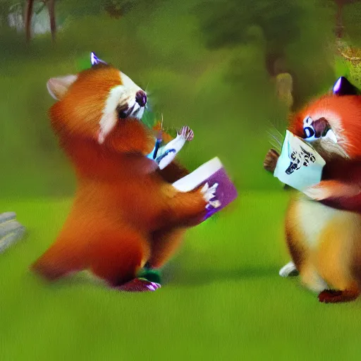 Image similar to very cute friendly happy high energy red pandas at a garden party playing croquet, artwork by mark brooks, digital art, 8K, 4K