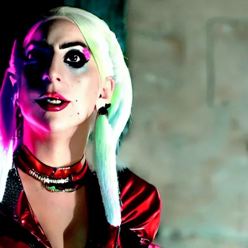 Prompt: Lady Gaga as real-life Harley Quinn, cinematic, Wide-shot, atmospheric lighting, directed by Martin Scorsese, extreme detail, 8K, movie still