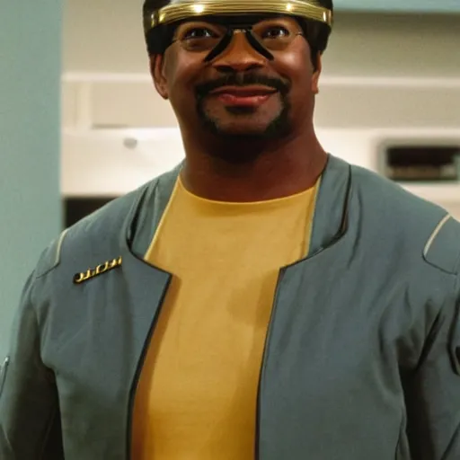 Image similar to Geordi LaForge wearing visor and a colander and random kitchen tools on his head