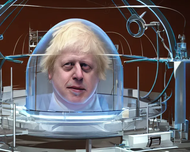 Image similar to boris johnson being created in a giant science labroalratory suspended in a floating gel tank, character art, by various concept artists, redshift render, hyperrealistic face, photorealistic render