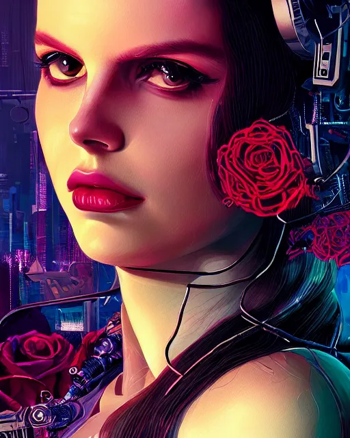 Image similar to portrait of lana del rey as a cyberpunk cyborg. sci - fi intricate abstract upper body intricate artwork, roses, rose petals by tooth wu, wlop, beeple, dan mumford. concept art, octane render, trending on artstation, greg rutkowski, asymmetrical, cinematic arthouse, key art, hyper realism, iridescent accents