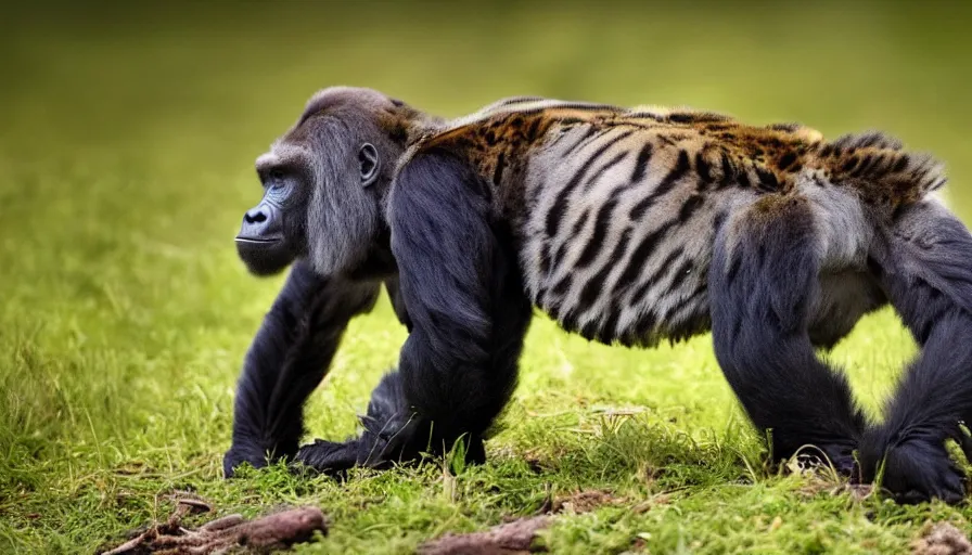Prompt: a gorilla tiger!!! hybrid! hyper realistic!! realistic lighting!! wildlife photographer of the year!!! bold natural colors, national geographic, hd, wide angle, 8 k