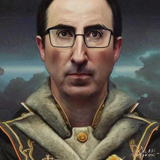 Image similar to portrait of stoic looking john oliver as the vigo carpathian painting, military uniform, fantasy, intricate, elegant, beautiful, highly detailed, centered, dark, smokey, digital painting, artstation, concept art, smooth, sharp focus, illustration, art by artgerm and greg rutkowski and alphonse mucha