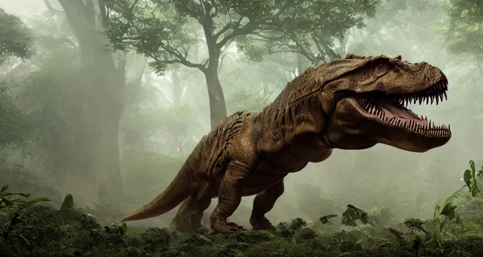 Prompt: closeup portrait of a colossal t-rex in a jungle environment roaring, dramatic lighting, cinematic, octane render, cgsociety, artstation, 4k