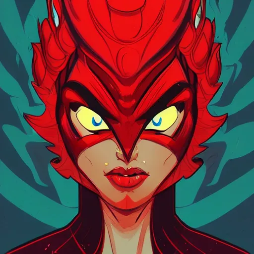 Image similar to female portrait anthropomorphic dragon wearing red clothes the graphic style of Patrick Gleason and Dan Mumford, detailed art, trending on Artstation, sharp focus, comic art