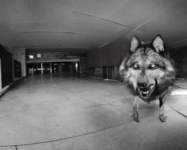 Image similar to Close up camera footage of a extremely aggressive Feral Mutated Wolf with severe late stage rabies in an abandoned shopping mall, Wolf Snarling Directly toward camera, Terrifying :7 , high exposure, dark, monochrome, camera, grainy, CCTV, security camera footage, timestamp, zoomed in, Feral, fish-eye lens, Rabid, Radiation Mutated Wolf, Nightmare Fuel, Wolf, Evil, Bite, Motion Blur, horrifying, lunging at camera :4 bloody dead body, blood on floors, windows and walls :5