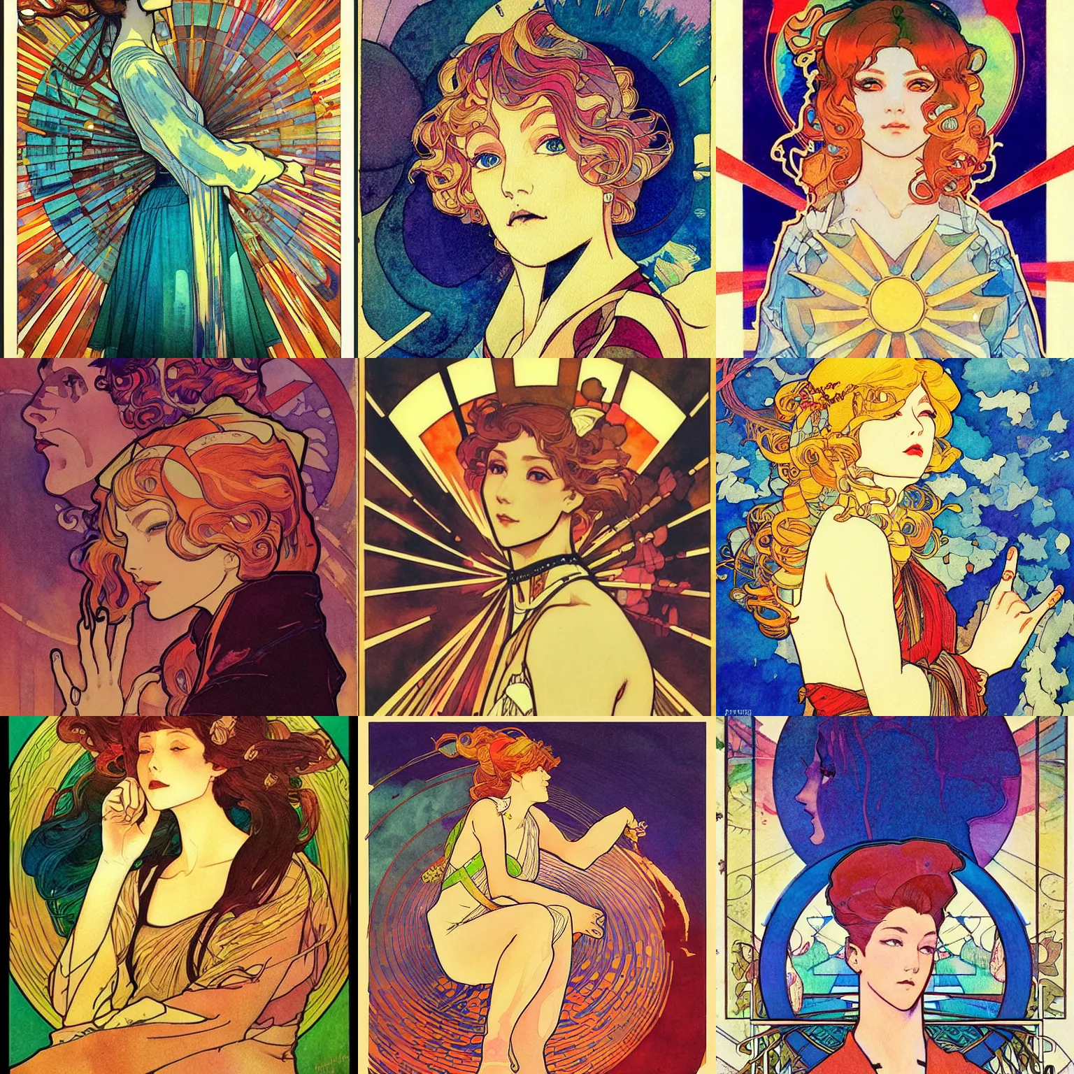 Prompt: the sun. beautiful, realistic painting by mucha and kuvshinov and bilibin and malevich. synthwave watercolor, thick lining, manga, soviet realism