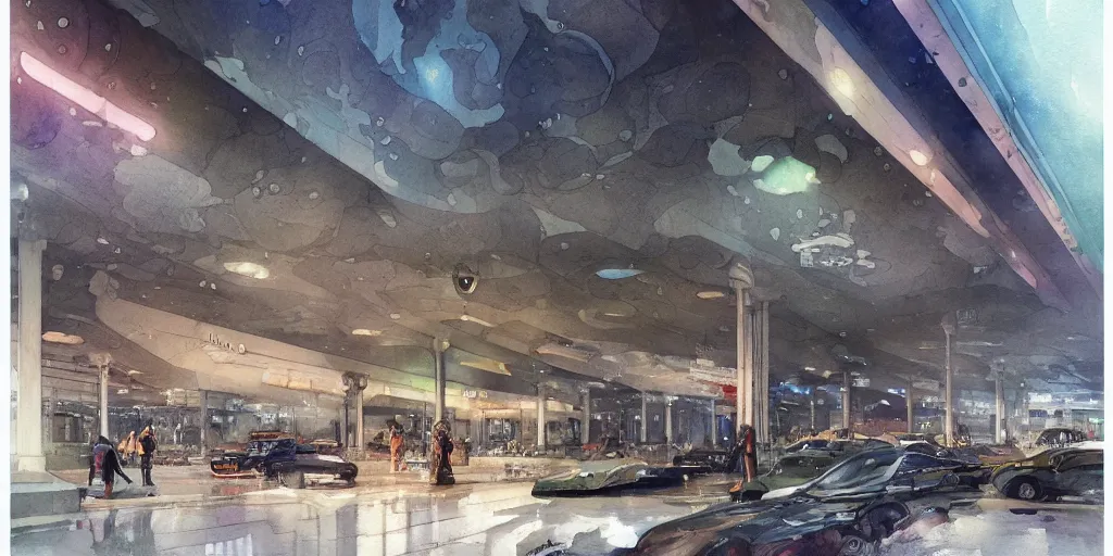 Prompt: a beautiful insanely intricate watercolor illustration of modern parking station, reflexions, colorfull, by william turner art, by greg rutkowski, by james jean, by rossdraws, by frank franzzeta, by sakimichan, by edmund dulac, trending on artstation, insanely detailed, masterpiece,