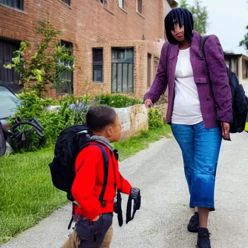 Prompt: mother taking her son to the school in a solarpunk city