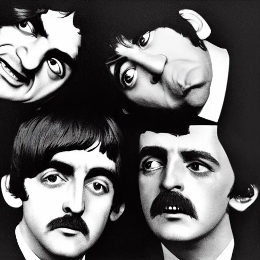 Image similar to the beatles cgi monstrosity four heads and one body nightmare scary