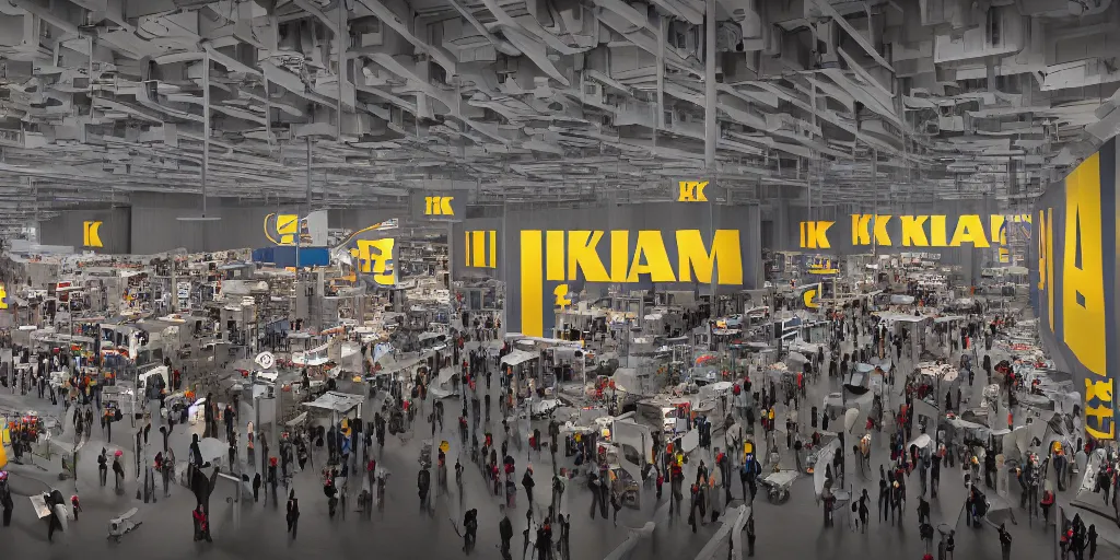 Prompt: realistic cinematic views of a Orwellian and dystopian ikea shopping experience, hyper detailed, terror glows, hyper realistic, digital painting, 8k, 35mm film grain, octane render