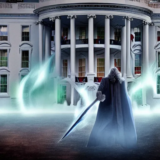 Image similar to gandalf attacks the white house, realistic extremely detailed photo style painting, granular detail, holographic krypton ion, octane render, 4 k, f 3 2, 5 5 mm photography, wide angle