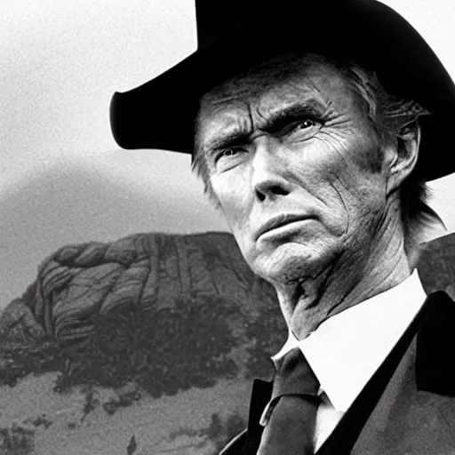 Image similar to an 1 8 0 0 s photo of donald trump playing the role of clint eastwood, squinting at high noon, in the style of a clint eastwood movie, the good, the bad and the ugly, clint eastwood, vibe, donald trump, glory days, mount rushmore, stern, resolve, formal, justice, american flag, independence, patriotism