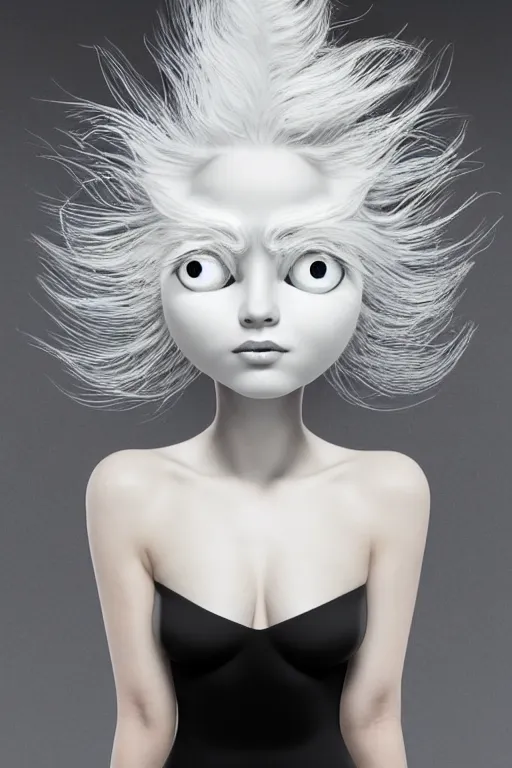 Image similar to 3 d full head and shoulders beautiful white porcelain woman with white big eyeballs all through her hair, realistic hair, 3 d swirling hair by theodor seuss geisel and daniel arsham and kim jung gi, on a white background
