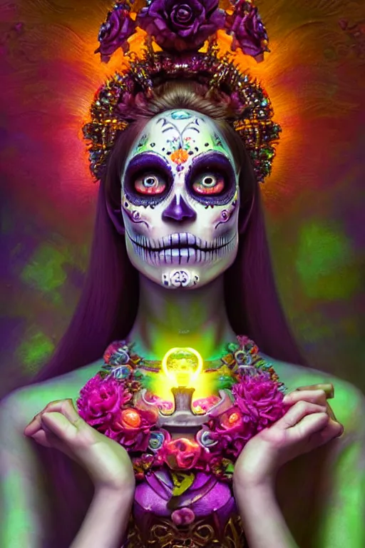 Image similar to ultra detailed, ethereal closeup photo of female android deity, sharp focus, no blur, studio photo, floodlight. fantasy art, octane render, unreal engine. dia de los muertos, flowerpunk. photorealistic concept art, triadic color scheme. art by artgerm and wlop and giger and greg rutkowski and alphonse mucha, 8 k