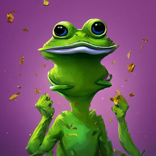 Image similar to super rich happy pepe, luxury, treasury, coins, money, hyper detalied, blue crystals, greg rutkowski, artstation