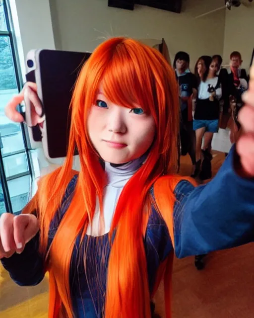 Prompt: asuka langley soryu takes a selfie in real life, asuka langley soryu cosplay, real life photo picture, award winning photograph