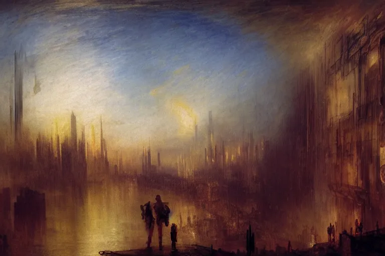 Image similar to cyberpunk post-apocalyptic city landscape with hooded figure painted by William Turner 1860