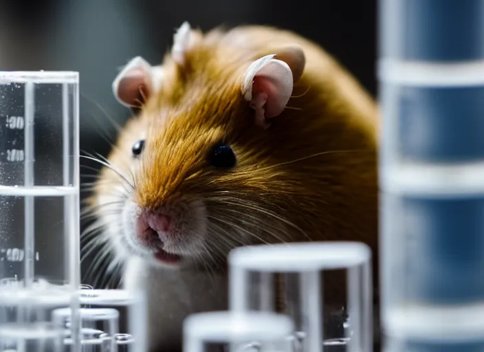 Image similar to film still of a hamster working in a research lab filling test tubes, 8 k