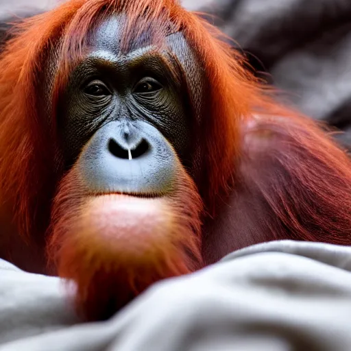 Prompt: photograph of an orangutan just waking up in a bed full of blankets, 4 k, full hd, highly detailed, close up